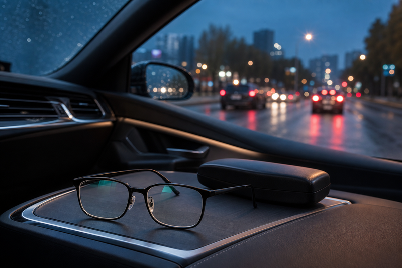 Ochelari de vedere într-un automobil la apus pentru ghidul de condus