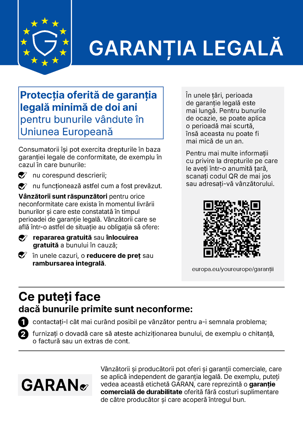 Notificarea oficială a Uniunii Europene privind garanția legală de conformitate